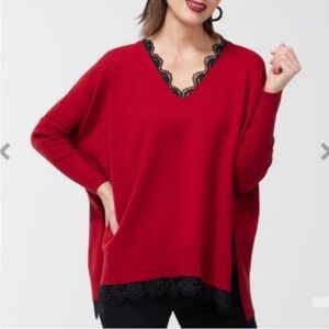 Chico’s Red Sweater Black Lace Trim L/XL